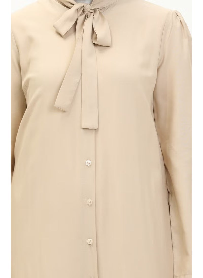 Sefa Merve Tie Collar Buttoned Dress 5111-01 Beige - Image 5